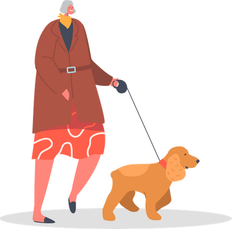 Anciana caminando con perro mascota  Ilustración