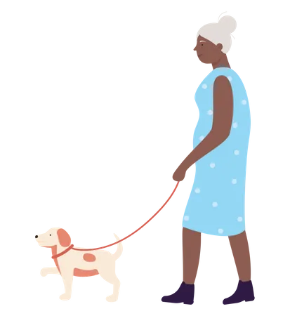 Mujer anciana caminando con perro  Ilustración