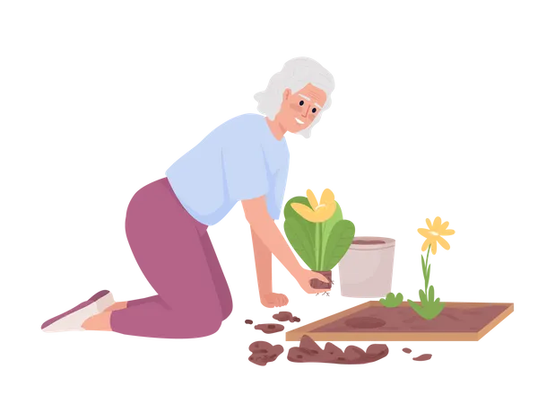 Anciana plantando macizos de flores en el jardín  Ilustración
