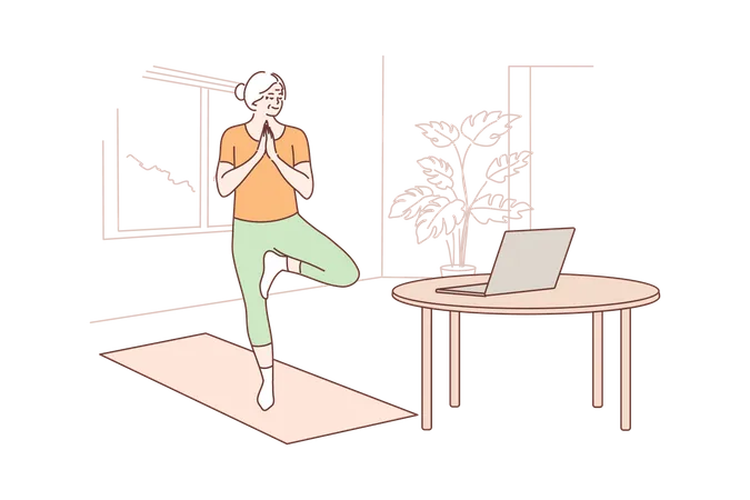 Anciana practicando yoga desde un tutorial en línea  Ilustración