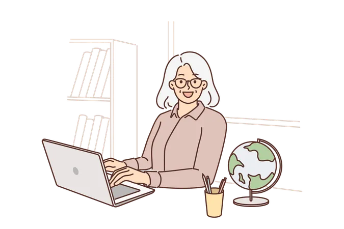 Una maestra anciana usa una computadora portátil sentada en la mesa con un globo terráqueo y enseña a los estudiantes a través de Internet  Ilustración
