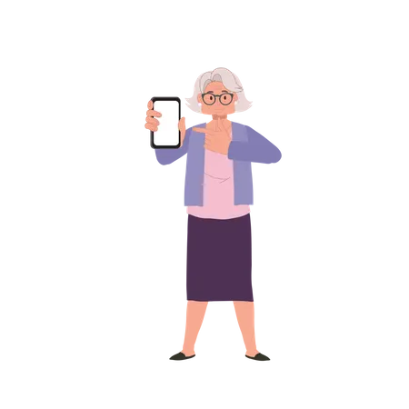 Anciana señalando con el dedo el teléfono inteligente  Ilustración