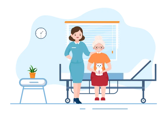 Anciana sentada en la cama y enfermera cuidando  Ilustración