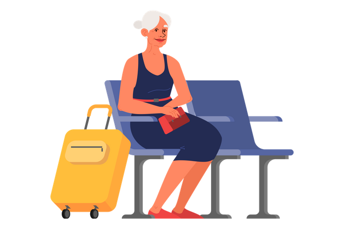 Anciana sentada en la terminal de espera del aeropuerto  Ilustración