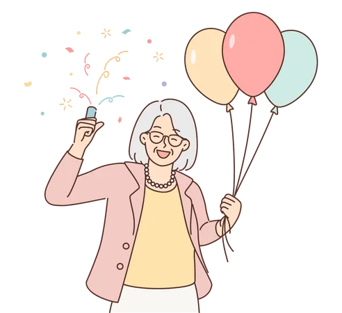 Anciana sosteniendo globos  Ilustración