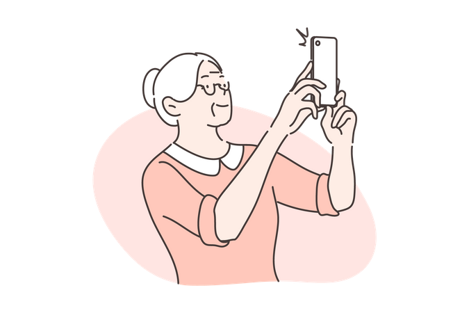 Anciana tomando fotos usando el móvil  Ilustración