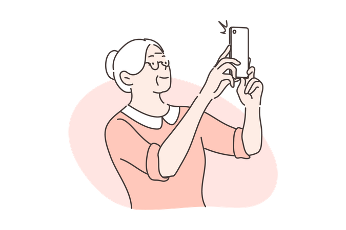 Anciana tomando selfie  Ilustración