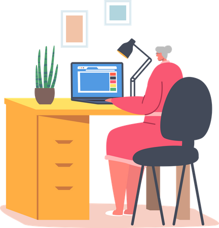 Anciana trabajando en la computadora  Ilustración