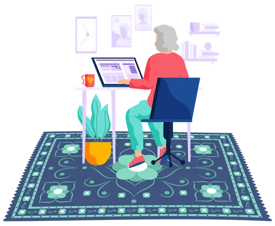 Anciana trabajando en la computadora portátil  Ilustración