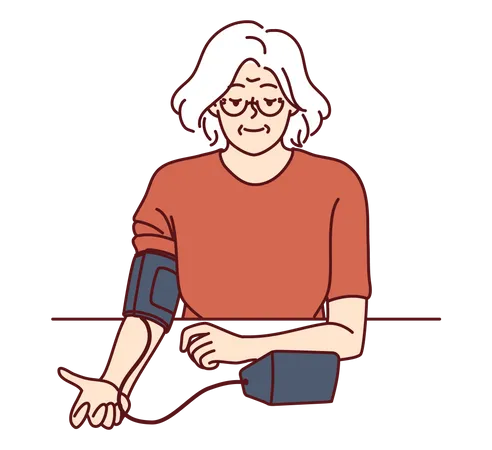 Una anciana utiliza un tonómetro para medir la presión arterial  Ilustración
