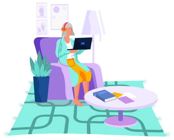 Anciana viendo una película en una computadora portátil  Ilustración