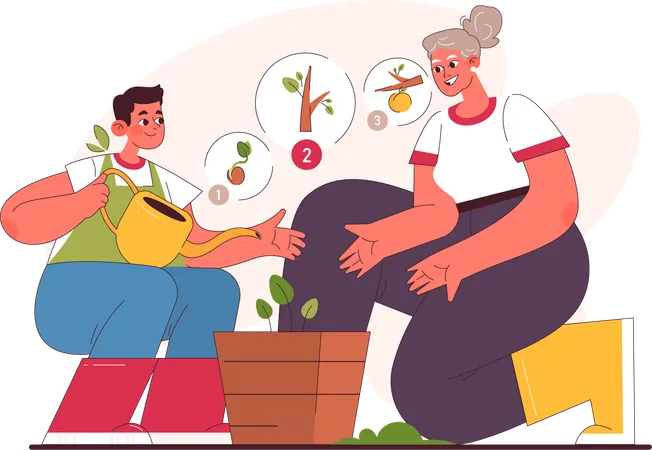 Anciana y niño plantando plantas en maceta  Ilustración