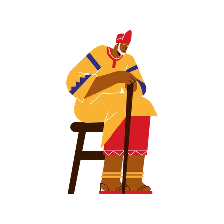 Anciano africano sentado en un taburete  Ilustración