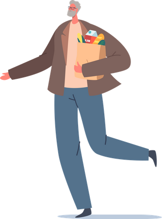 Anciano caminando con bolsa de supermercado  Ilustración