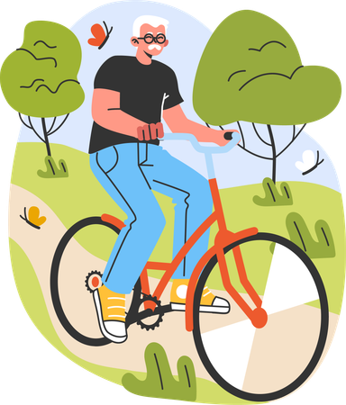 Anciano en bicicleta en el parque  Ilustración