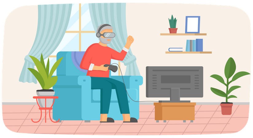 Anciano con gafas de realidad virtual jugando videojuegos  Ilustración