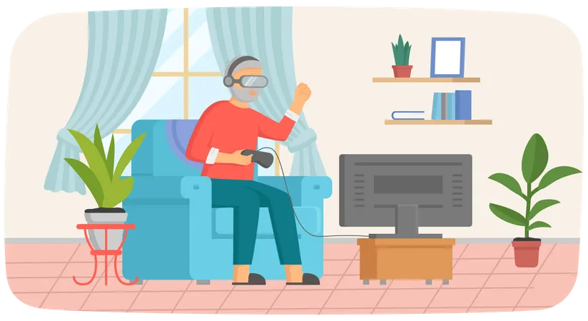 Anciano con gafas de realidad virtual jugando videojuegos  Ilustración