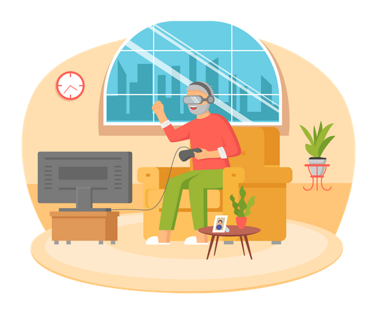 Anciano con gafas VR jugando videojuegos  Ilustración