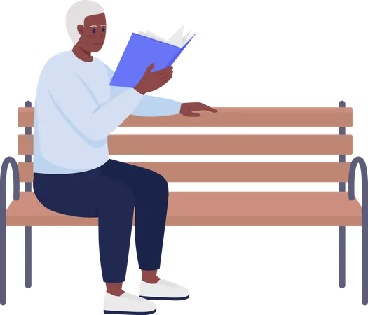 Anciano con libro relajándose en un banco  Ilustración