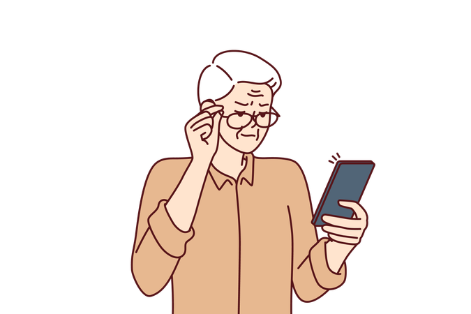 Anciano con problemas de visión entrecerrando los ojos mirando la pantalla del teléfono móvil para leer SMS  Ilustración