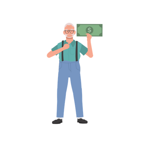 Anciano con Big Money Note mostrando prosperidad y confianza financiera  Ilustración