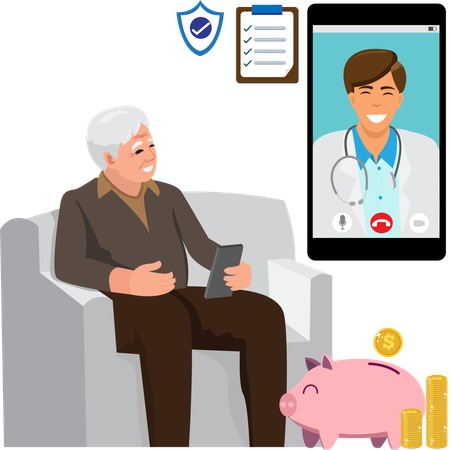 Un anciano consulta a un médico en línea  Ilustración