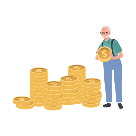 Anciano creando una pila de monedas para ahorro y jubilación  Ilustración
