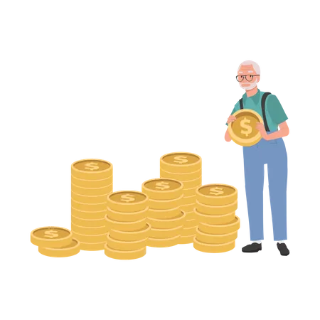 Concepto De Finanzas E Inversion Anciano Creando Una Pila De Monedas Para Ahorro Y Jubilacion Ilustración