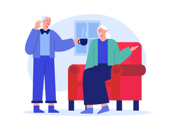 Un hombre anciano dando café a una mujer mayor  Ilustración