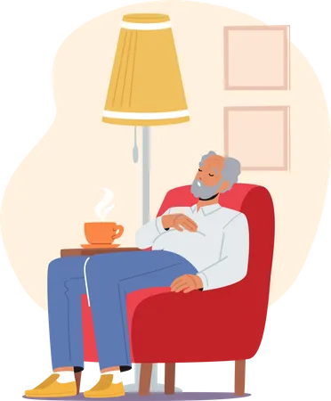 Anciano durmiendo en un sillón mientras toma una taza de café  Ilustración