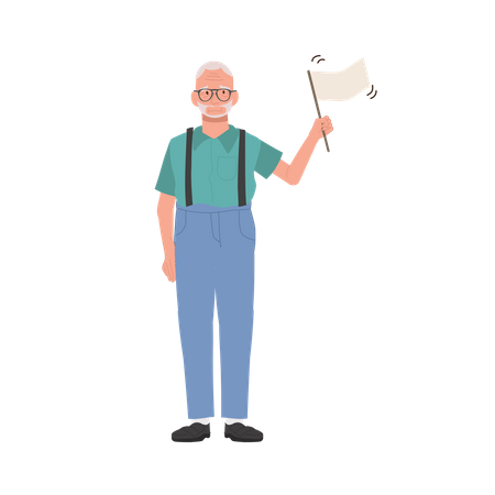 Anciano emocional con bandera blanca en jubilación  Ilustración