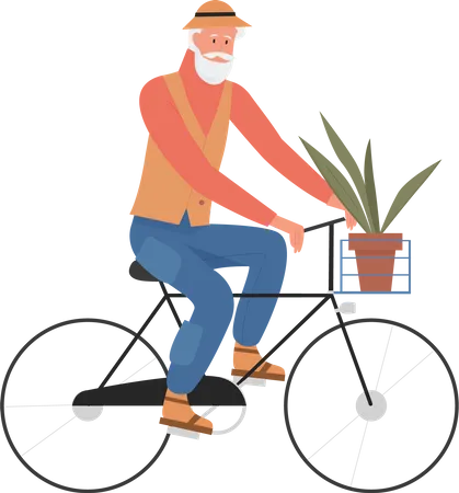 Anciano en bicicleta con maceta  Ilustración