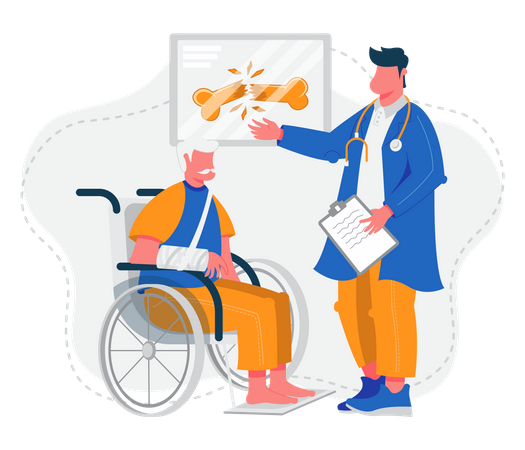 Anciano en silla de ruedas con un médico  Ilustración