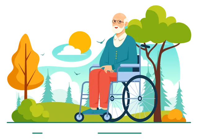 Anciano en silla de ruedas explorando al aire libre  Ilustración