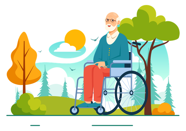 Anciano en silla de ruedas explorando al aire libre  Ilustración