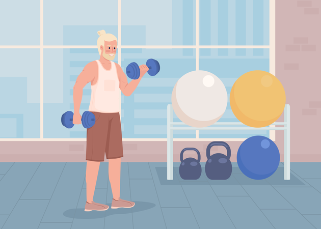 Anciano entrenando con pesas  Ilustración