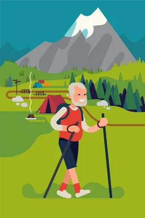 Feliz anciano caminando o haciendo trekking en la montaña  Ilustración