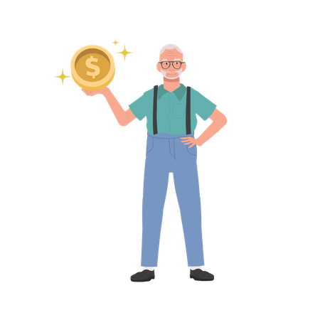 Feliz anciano sosteniendo moneda  Ilustración