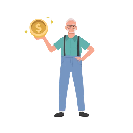 Feliz anciano sosteniendo moneda  Ilustración