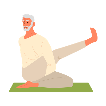 Anciano haciendo estiramientos de yoga  Ilustración