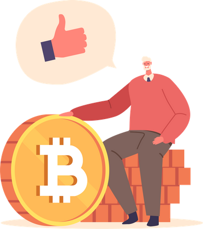 Anciano sosteniendo bitcoin  Ilustración