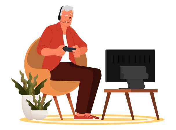 Anciano jugando videojuegos  Ilustración