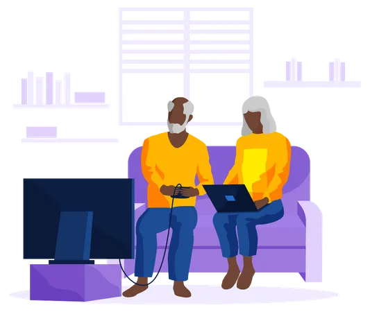 Un hombre anciano jugando videojuegos y una mujer trabajando en una computadora portátil  Ilustración