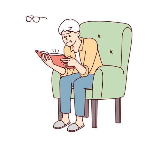 Anciano leyendo un libro en un sillón  Ilustración