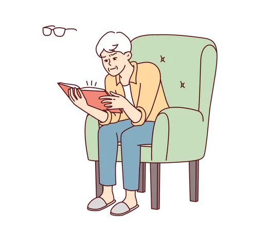 Anciano leyendo un libro en un sillón  Ilustración