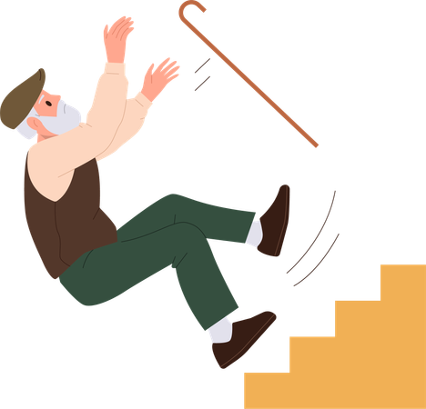 Anciano con bastón cayendo de las escaleras  Ilustración