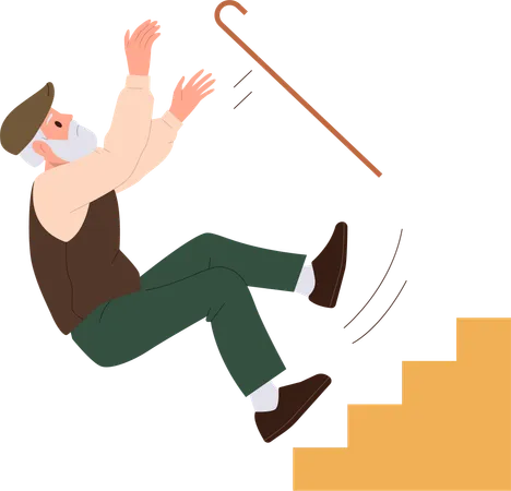 Anciano con bastón cayendo de las escaleras  Ilustración