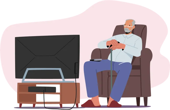 Viejo viendo televisión, personaje masculino mayor sentado en un cómodo sillón divirtiéndose, relajación, abuelo solitario  Ilustración