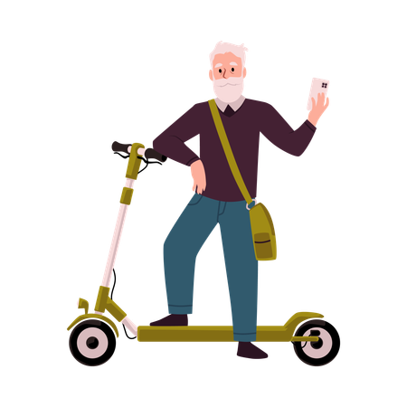 Un anciano moderno en un patinete eléctrico  Ilustración