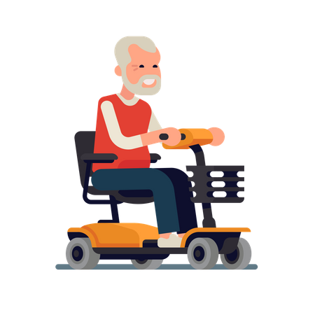Anciano montado en una silla eléctrica con joystick en el reposabrazos  Ilustración